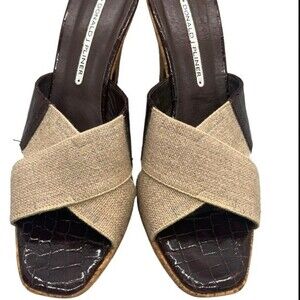 Donald Pliner Brown Croc Fabric Straps Cork Heel Sz 9 Sandals Patent Leather